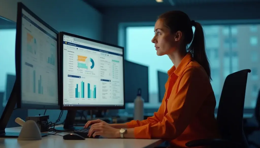 Mulher analisando gráficos em computador com destaque para informações sobre CBO, códigos, salários e funções de profissões