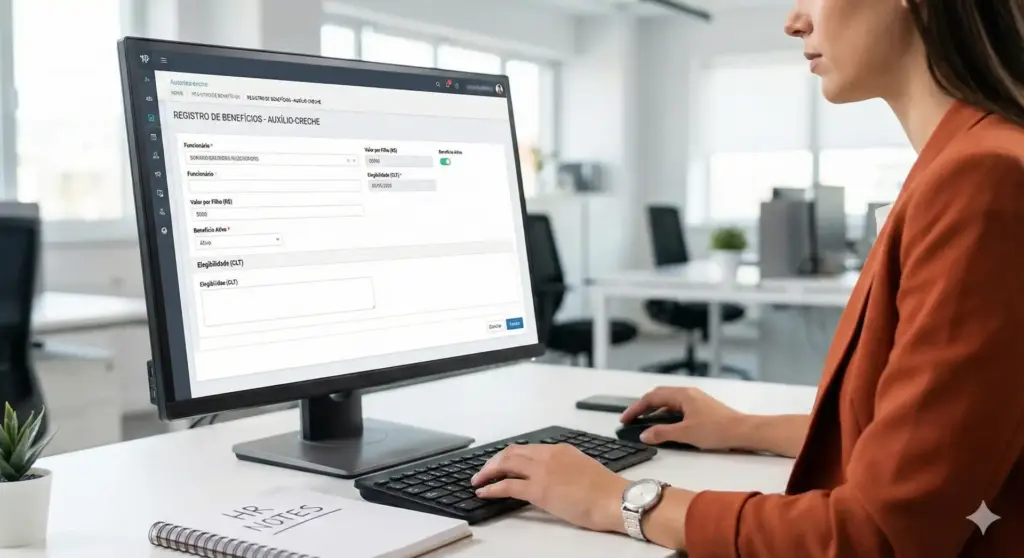 Pessoa acessando sistema de auxílio-creche no computador, com foco em informações sobre valor por filho e regras da CLT.