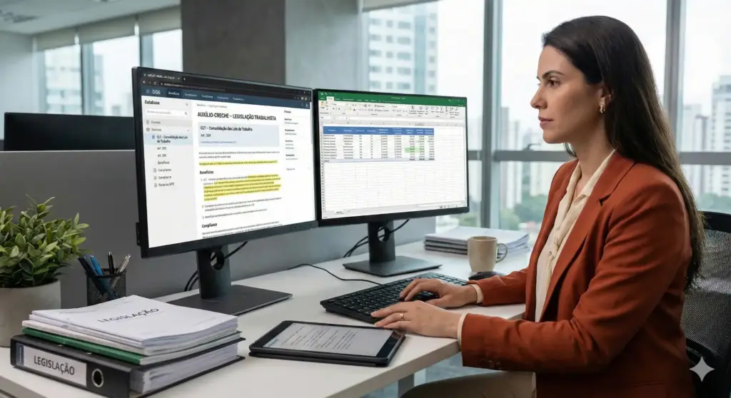 Profissional analisando informações sobre auxílio-creche em dois monitores no escritório, com foco em como funciona, valor por filho e o que diz a CLT.