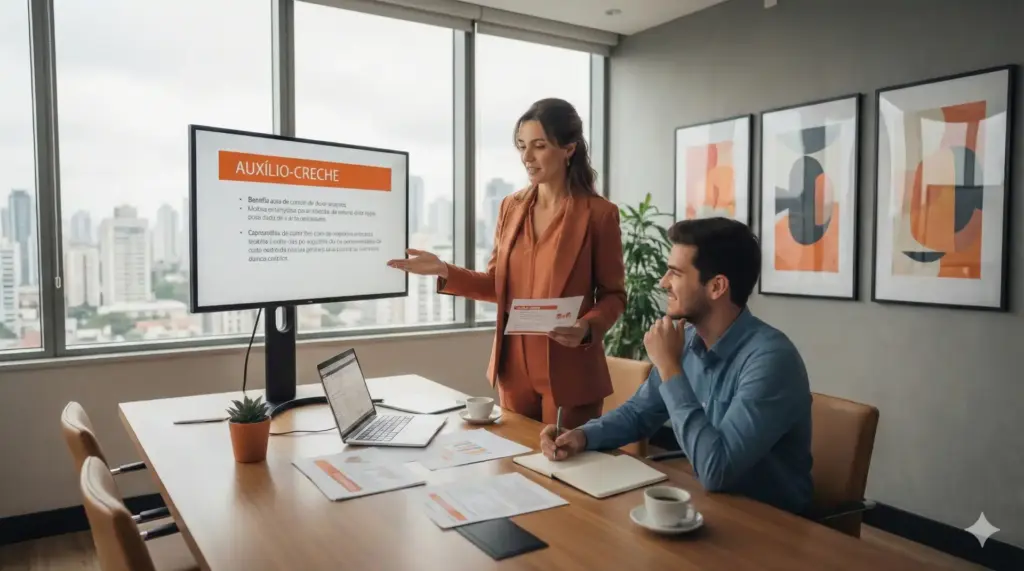 Reunião de trabalho sobre auxílio-creche, explicando o funcionamento, valores por filho e legislação da CLT, com profissionais em escritório moderno.