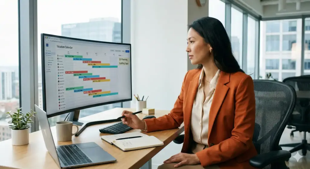 Mulher organizando aviso de férias com regras da CLT em calendário de férias e modelos prontos em ambiente de escritório.