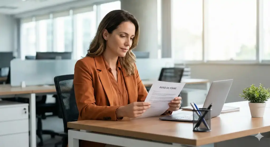 Mulher analisando aviso de férias no escritório, destacando prazo, regras da CLT e modelos prontos para empresas.