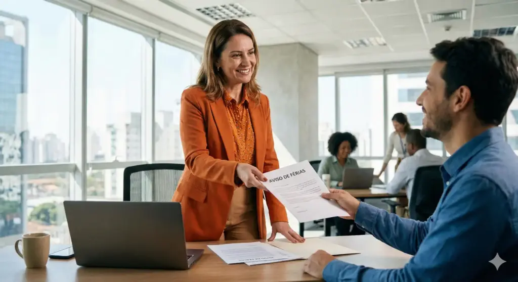 Homem recebendo aviso de férias do empregador em escritório iluminado, texto importante com regras da CLT e modelos de aviso prontos.