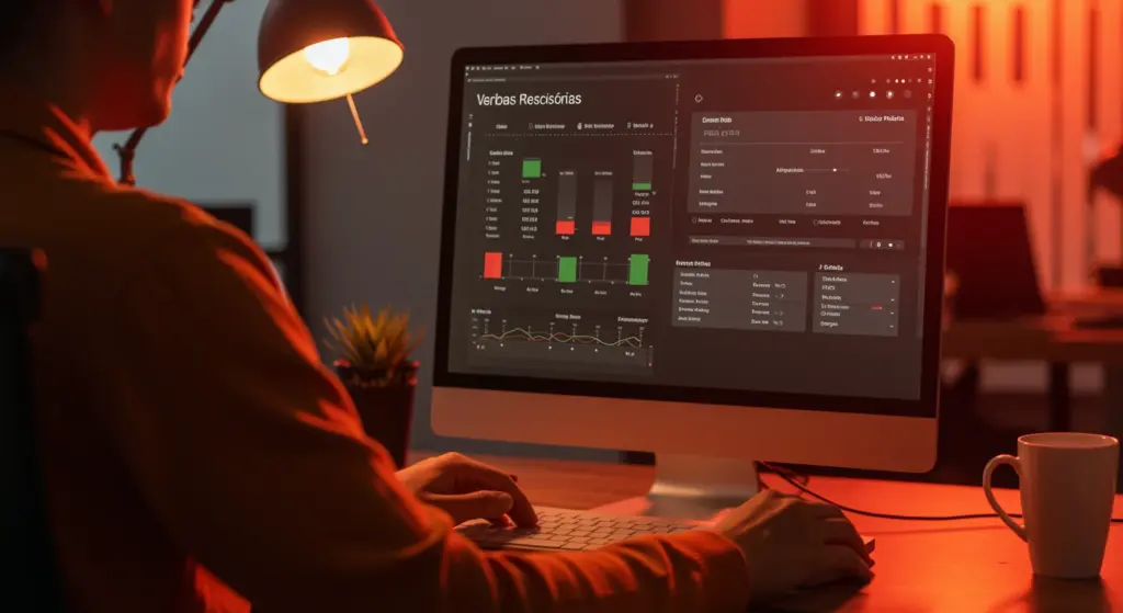 Pessoa analisando cálculos de rescisão de contrato de trabalho em um computador, com detalhes sobre erros e como fazer corretamente.