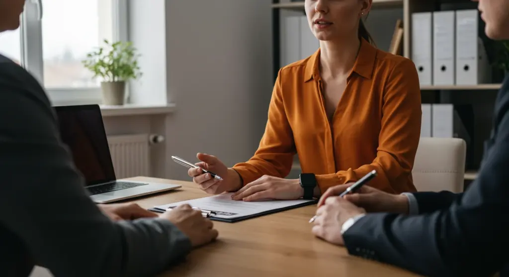 Pessoa explicando cálculo de rescisão trabalhista em reunião de escritório, destacando como fazer, o que entra e como evitar erros.
