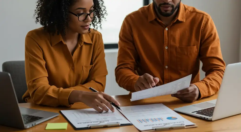 Dois profissionais analisando cálculos de rescisão de contrato de trabalho, com documentos, gráficos e laptops na mesa, abordando como fazer, o que entra e como evitar erros no cálculo de rescisão.