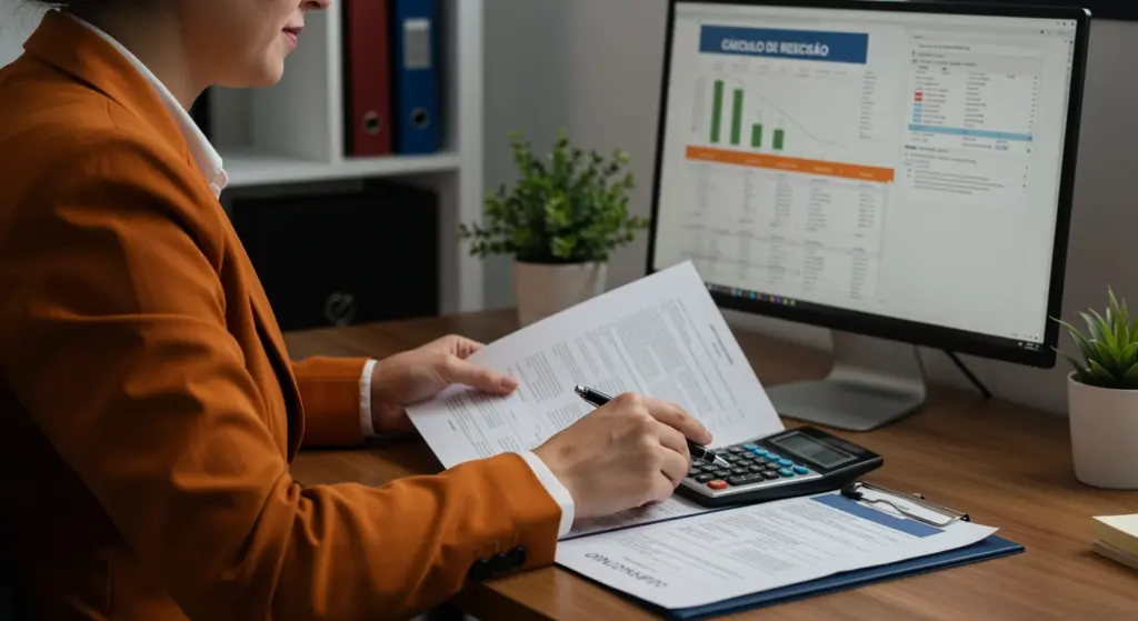 Profissional analisando cálculo de rescisão trabalhista com planilha e computador, explicando como fazer e evitar erros no processo de rescisão.