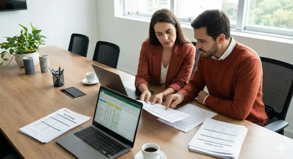 Duas pessoas analisando documentos e planilhas relacionadas à DCTFWeb, com computadores na mesa de escritório, exemplificando o tema 'o que é, prazos, como emitir e evitar multas' dessa obrigação fiscal.