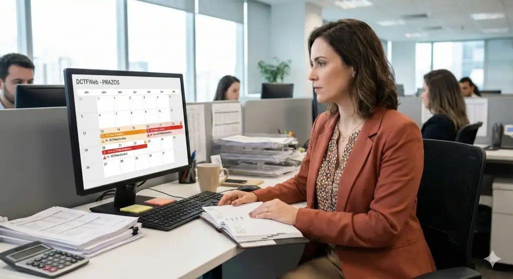 Mulher no escritório analisando calendário de prazos do DCTFWeb, com computadores e documentos ao redor, sobre a importância de evitar multas.