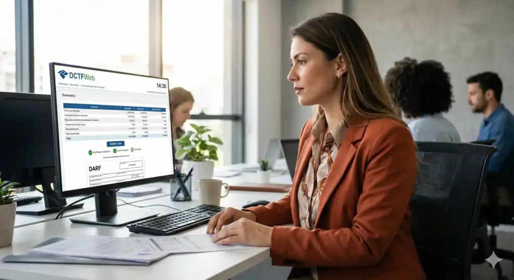 Mulher sentada em frente ao computador verificando a DCTFWeb, importante para regularidade fiscal e evitar multas, com foco em prazos e emissão.