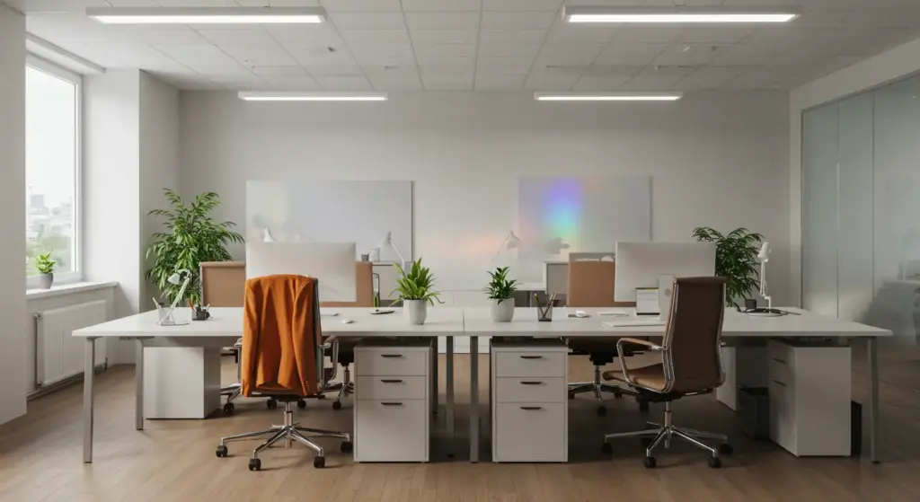 Imagem de um escritório moderno vazio com mesas, cadeiras e plantas, ilustrando o conceito de férias coletivas, regras e prazos de trabalho.