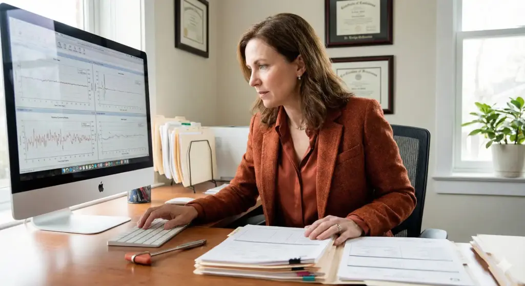 Profissional de saúde analisando resultados de exames médicos em escritório, relacionado a exame admissional, avaliação de saúde para emprego.