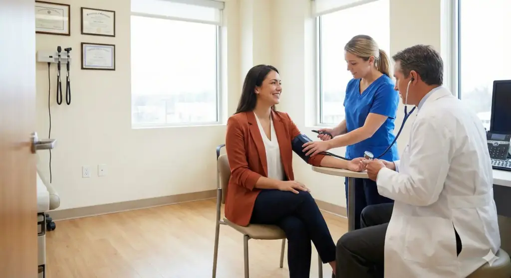 Profissional de saúde realiza exame admissional em funcionária em clínica médica, ilustrando o procedimento de exame admissional, incluindo avaliação de saúde e reprovação.