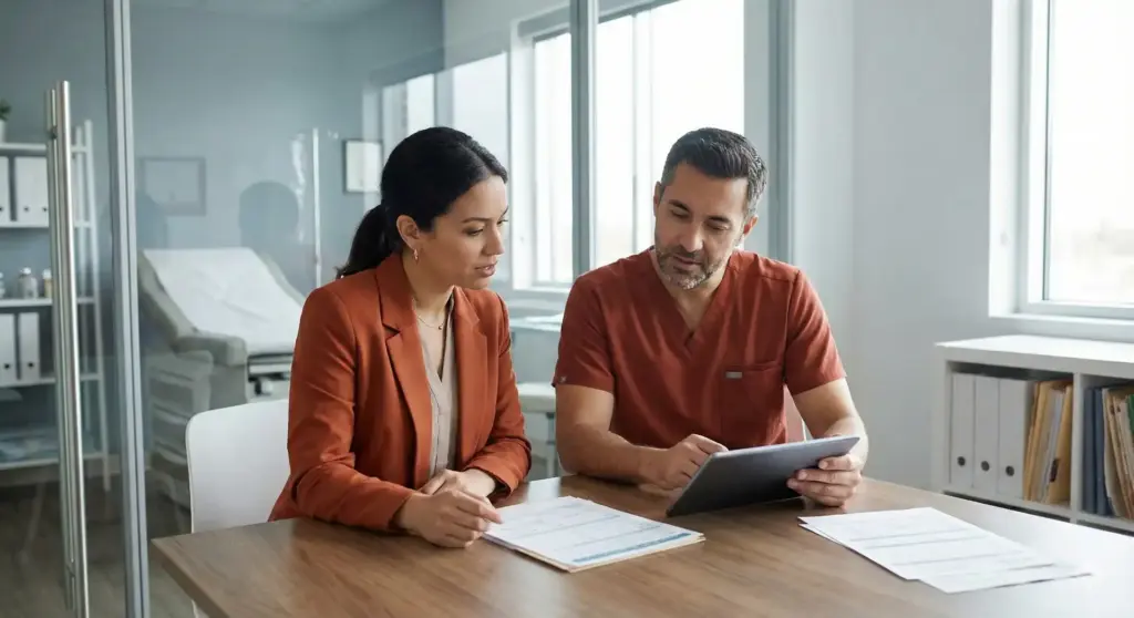 Profissional de saúde realizando exame admissional com candidata em consultório, explicando os procedimentos e critérios de aprovação.