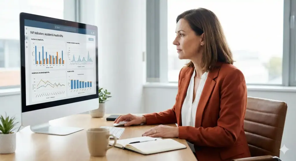 Mulher analisando dados no computador sobre o FAP 2026, consultando pelo CNPJ, com foco na redução de custos no RH.