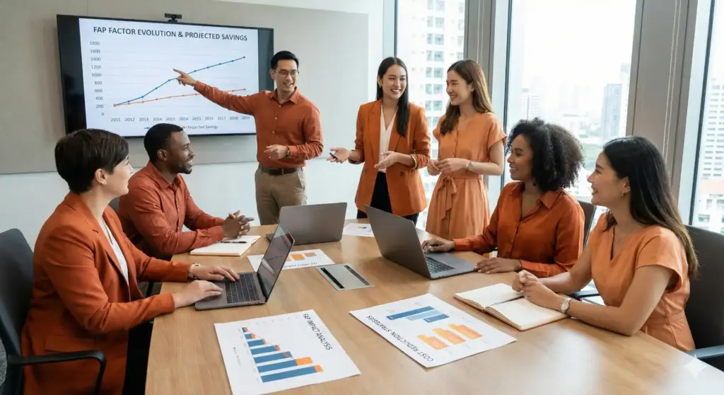 Grupo de profissionais do RH em reunião para aprender como consultar o FAP 2026 pelo CNPJ e reduzir custos em recrutamento e equipe. Apresentação com gráfico na tela.