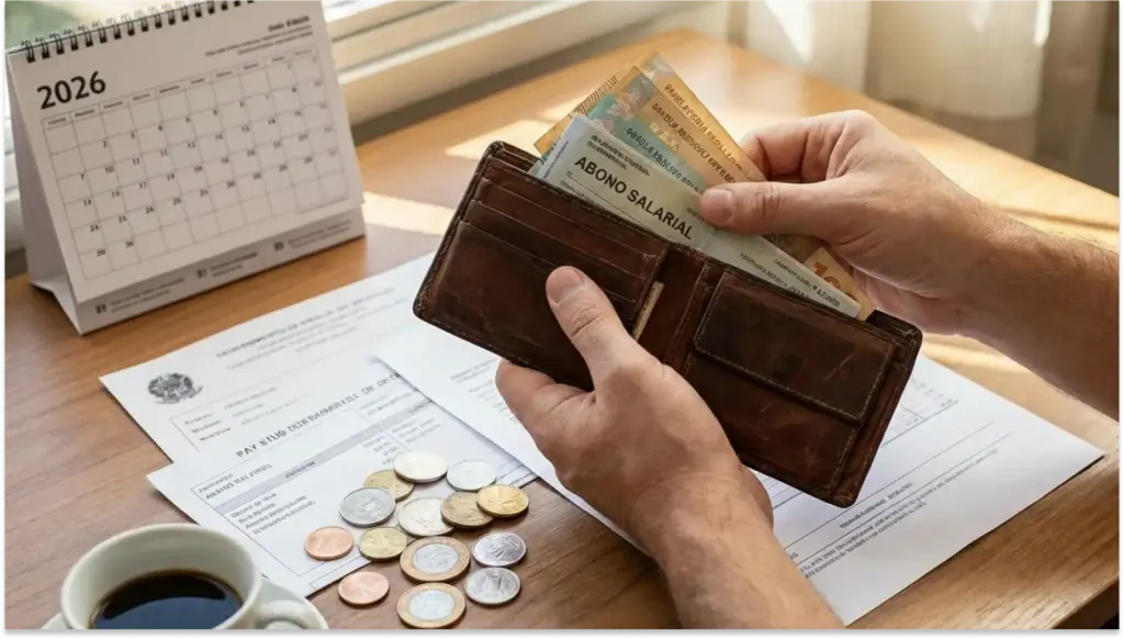 Pessoa segurando carteira com dinheiro, papéis, recibos e moedas sobre uma mesa de trabalho, com destaque para planejamento financeiro e controle de gastos, representando abono salarial.