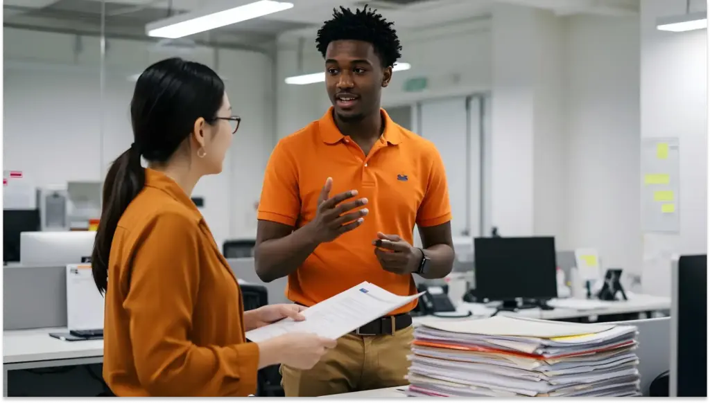 Homem afrodescendente e mulher de cabelo escuro discutindo no escritório, com pilhas de papel e computadores ao fundo.