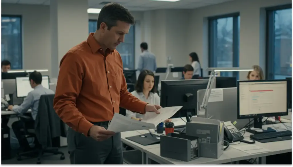 Homem examinando documentos em escritório movimentado com várias pessoas trabalhando em suas estações de computador, ambiente corporativo moderno.