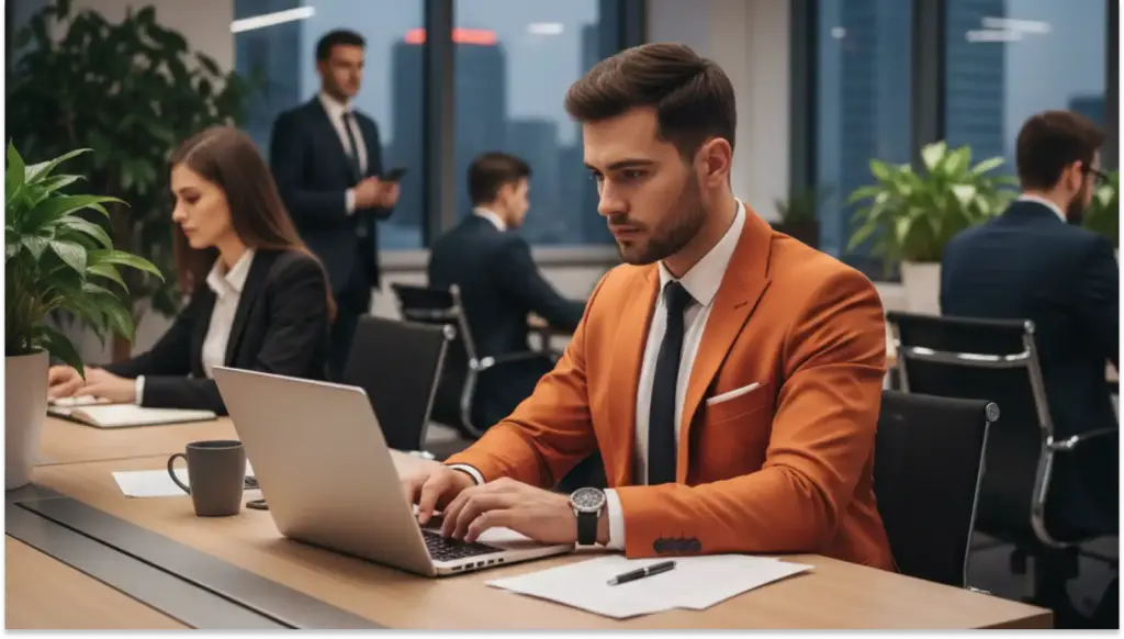 Homem de negócios trabalhando em um escritório moderno com diversos profissionais ao fundo, usando terno castanho e foco no laptop, representando ambiente corporativo.