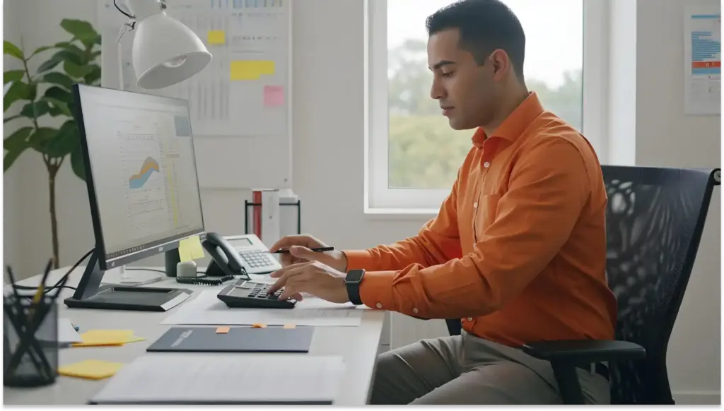 Homem de negócios trabalhando em escritório com computador, analisando gráficos de desempenho financeiro, representando produtividade no ambiente corporativo.