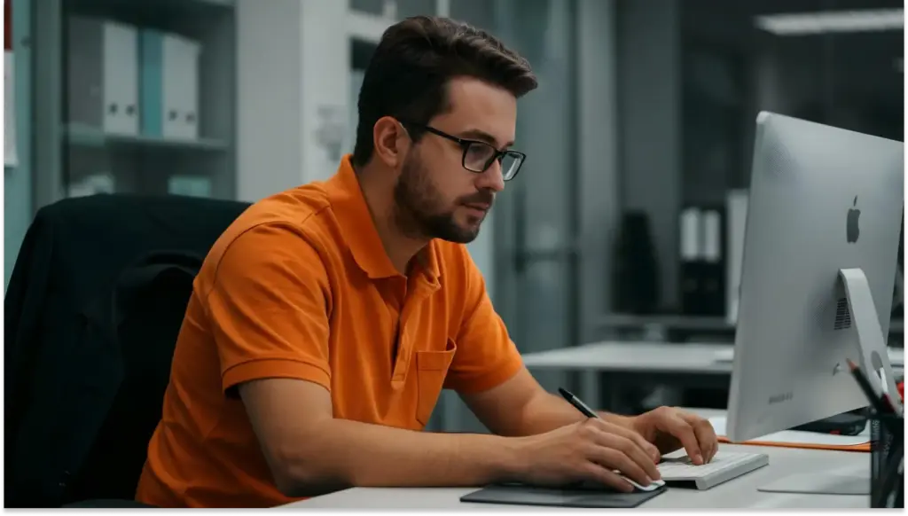Homem trabalhando em escritório moderno usando computador e notebook, concentrado na tarefa, com fundo de ambiente profissional e organizado.