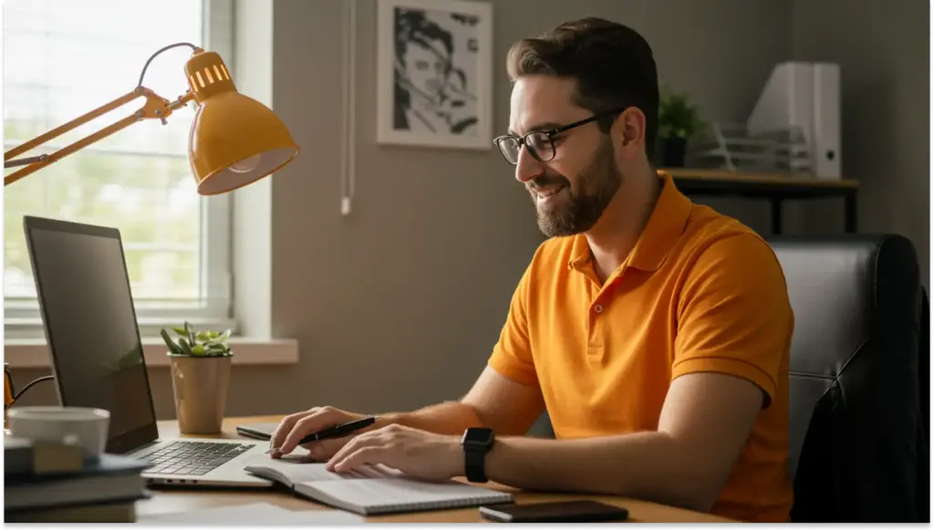 Homem sorridente trabalhando em casa no escritório, digitando no notebook, ambiente organizado com luz natural, plantas e decoração moderna.