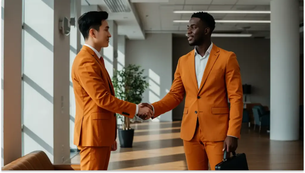 Homens de negócios trocando uma saudação com aperto de mãos em um escritório moderno, usando trajes formais laranja, simbolizando parceria e sucesso empresarial.