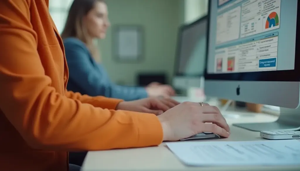 Imagem de pessoas trabalhando com computadores que exibem informações relacionadas ao CBO, incluindo códigos, salários e funções.