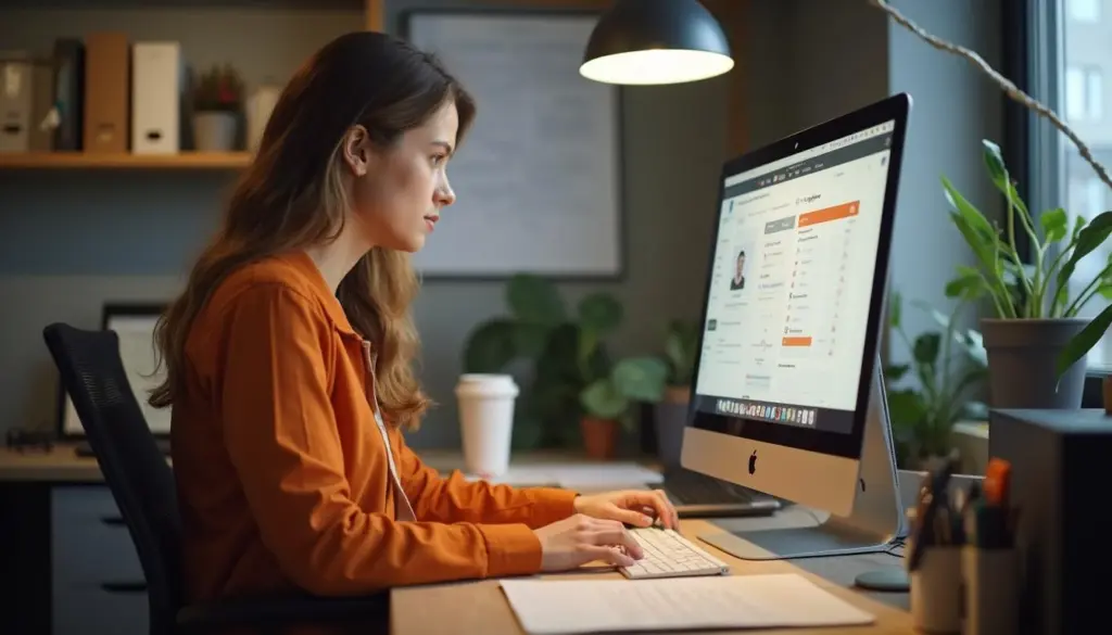 Mulher usando computador no escritório, acessando informações sobre CBO: o que é, como consultar, códigos, funções e salários, em ambiente de trabalho moderno.