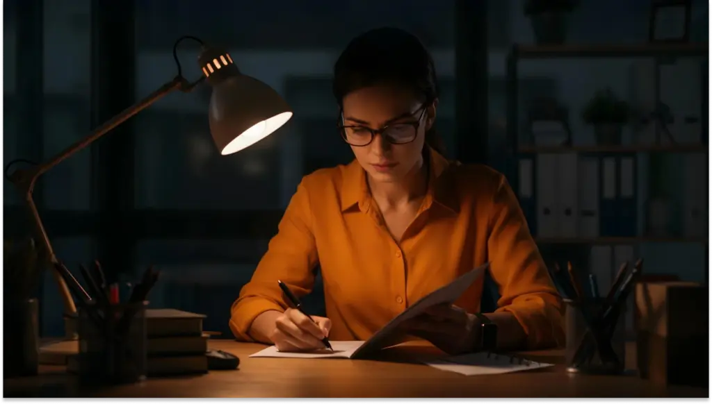 Mulher estudando à noite em uma mesa com iluminação de lâmpada, concentrada na leitura e na escrita, em ambiente de escritório organizado.