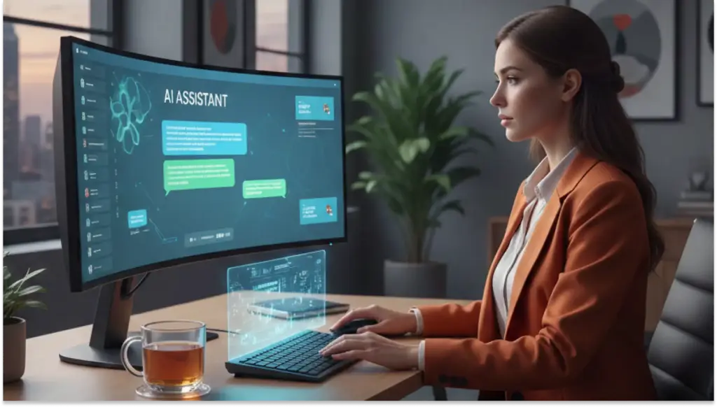 Mulher usando o ChatGPT em um computador de última geração em um escritório moderno, promovendo o uso de inteligência artificial no trabalho.