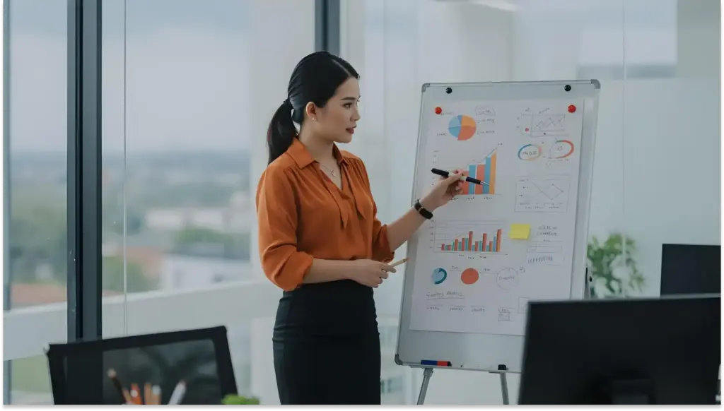 Mulher de negócios apresentando gráficos em uma reunião numa sala de escritório moderna com janelas grandes e vista urbana ao fundo.