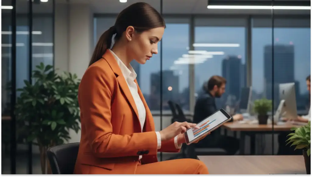 Mulher de negócios usando tablet em escritório moderno com vista para a cidade ao fundo, simbolizando a importância do uso de tecnologia na rotina executiva.
