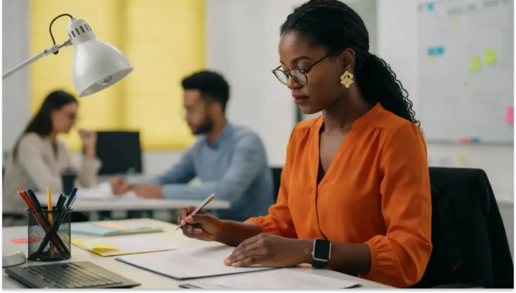 Mulher negra em ambiente de escritório estudando e escrevendo, com foco na tarefa sobre Direitos trabalhistas, ao lado de colegas ao fundo, ambiente moderno bem iluminado com iluminação de mesa