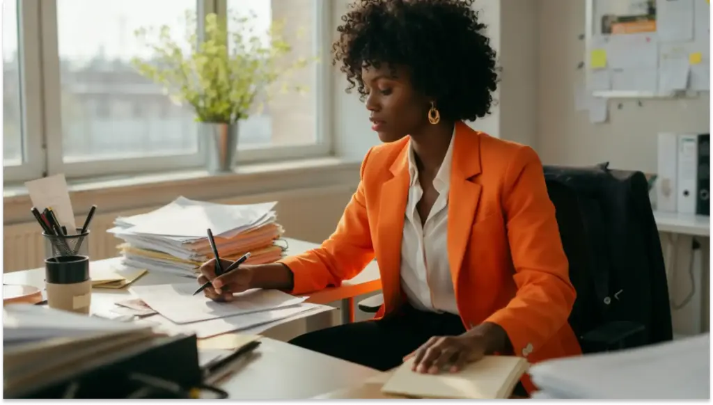 Mulher negra trabalhando em escritório com pilhas de documentos, usando blazer laranja, concentrada em suas tarefas.
