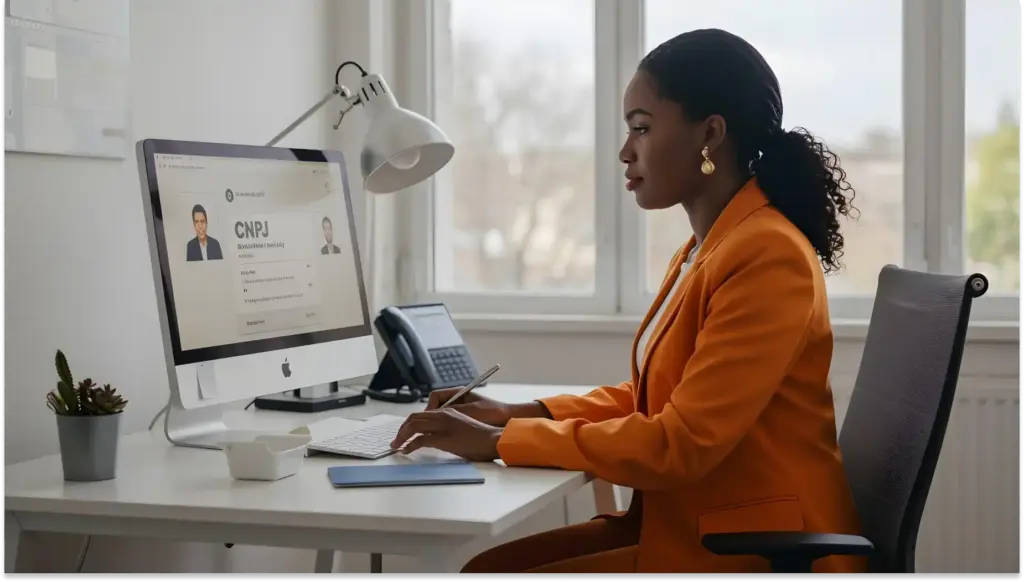 Mulher profissional na escritório usando computador para analisar CNPJ, tablet e telefone, segurando uma caneta, com fundo de janelas e paisagem ao ar livre, representando produtividade e trabalho remoto.