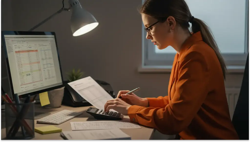 Mulher de cabelo castanho, usando óculos e blusa laranja, trabalha com planilhas financeiras, calculadora e computador em um escritório iluminado.