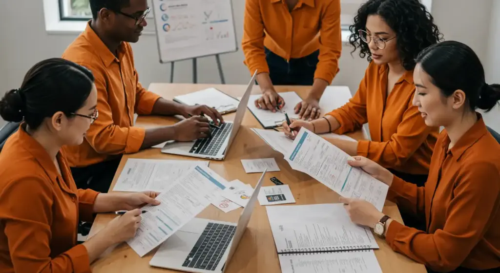 Grupo de profissionais analisando documentos relacionados ao assunto 'O que é DIRF', incluindo mudanças na declaração e orientações sobre como fazer.