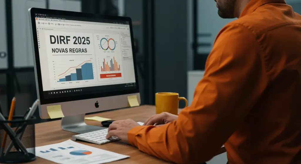 Pessoa analisando dados de declaração DIRF 2025 no computador, com gráficos e informações sobre novas regras, explicando o que é e como fazer.