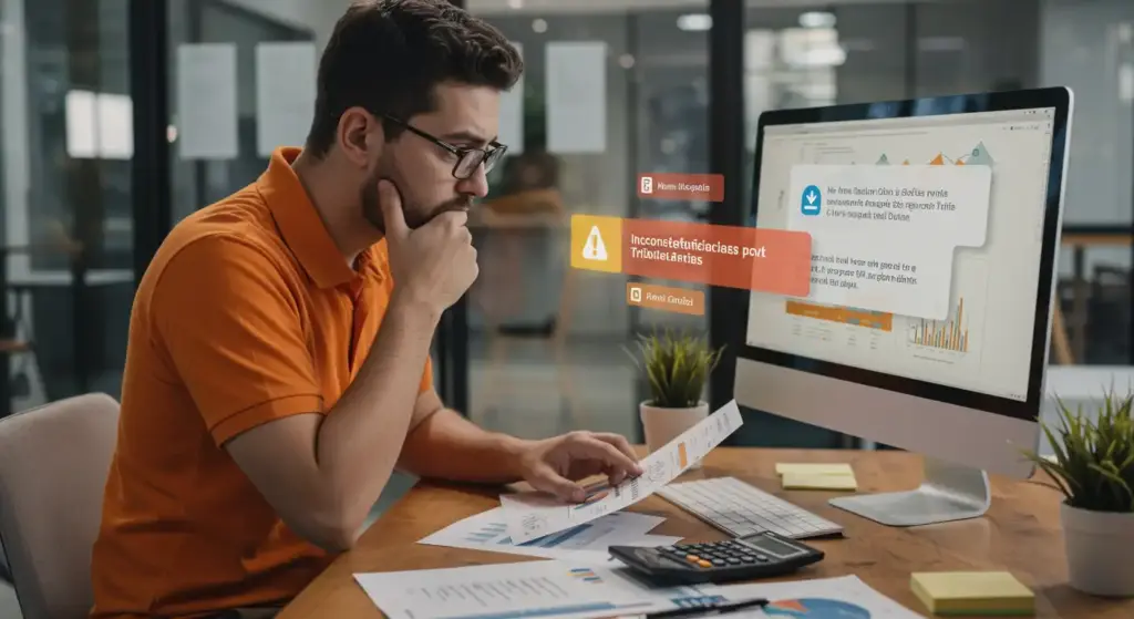 Homem analisando documentos financeiros e dados no computador sobre o que é DIRF, declarações, mudanças e procedimentos para fazer a declaração de tributos.