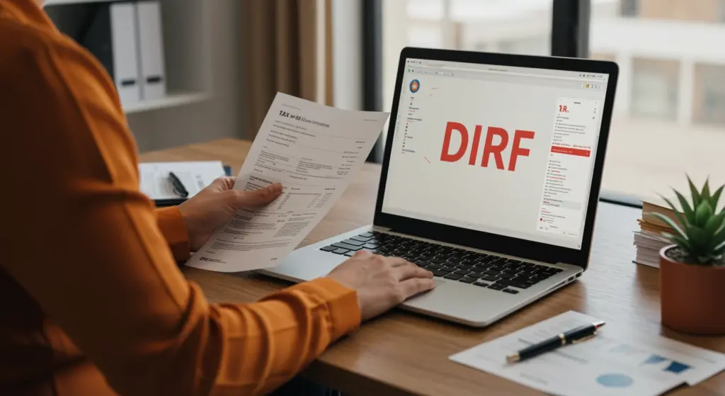 Pessoa analisando documento de declaração DIRF no computador, explicando o que é, quem declara, mudanças recentes e como fazer a declaração corretamente.