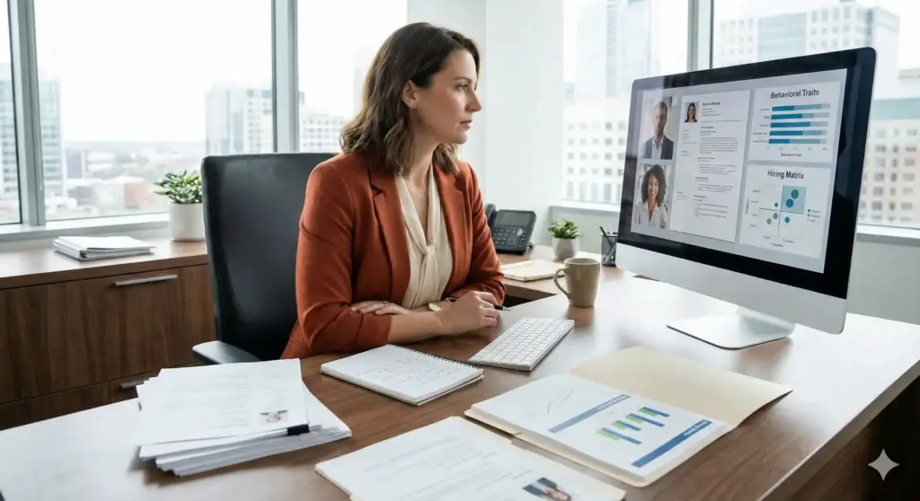 Profissional de RH analisando perfil comportamental no computador, utilizado para tipos de perfil e como aplicar no RH.