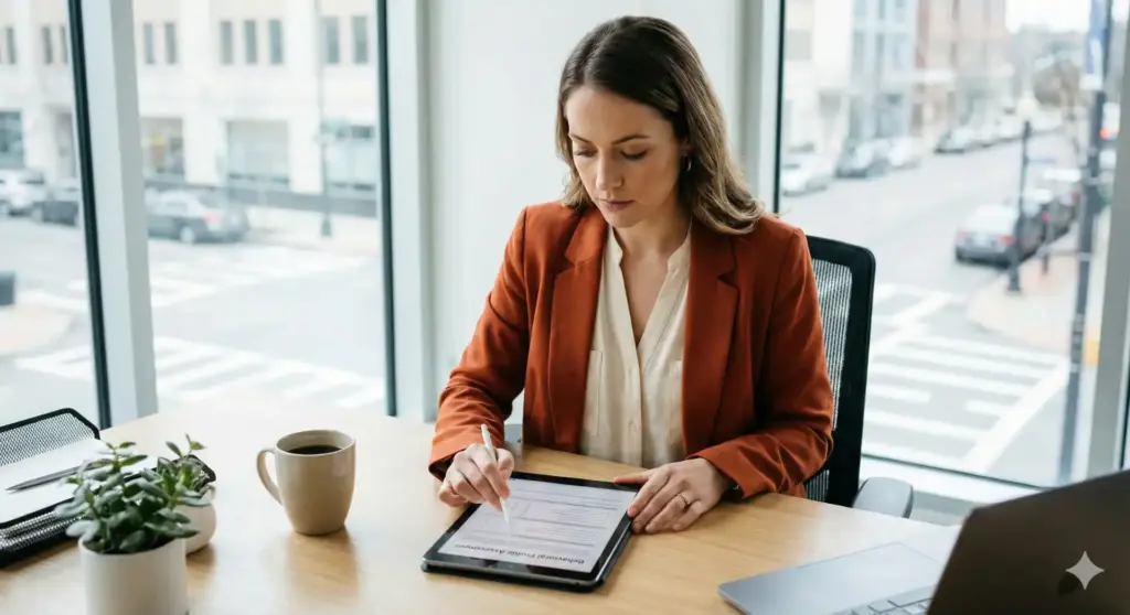 Profissional de RH utilizando tablet para analisar perfil comportamental de candidatos em ambiente moderno