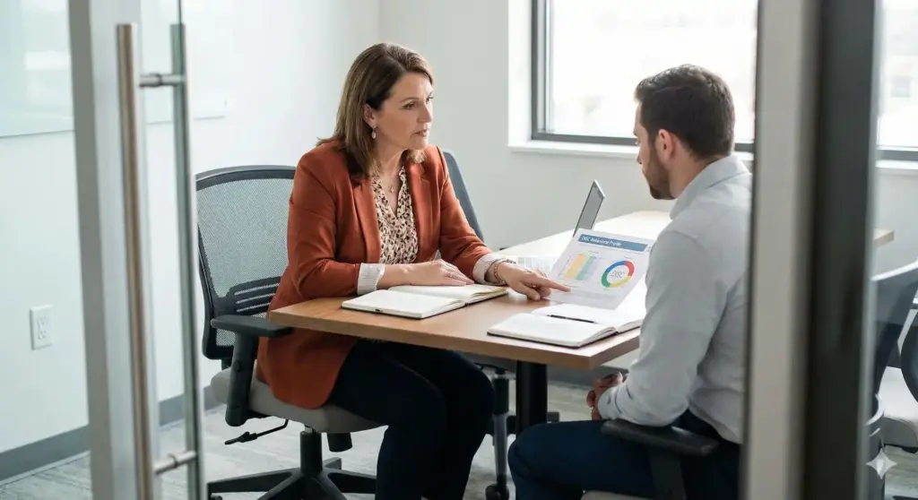 Imagem de profissionais de escritório discutindo sobre aviso de férias, incluindo prazos, regras da CLT e modelos prontos em ambiente corporativo