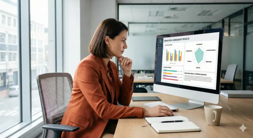 Profissional analisando resultados de perfil comportamental no computador em ambiente de escritório moderno, relacionado ao uso no RH.