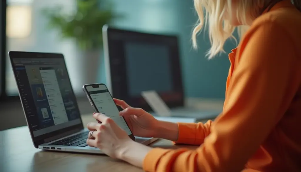 Pessoa usando smartphones e computador para entender o trabalho intermitente: regras, direitos e funcionamento do sistema de trabalho flexível.