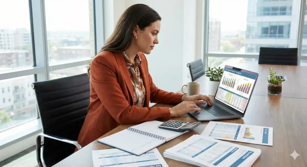 Profissional analisando dados no computador sobre FAP 2026, consulta por CNPJ e redução de custos no RH com gráficos e documentos.