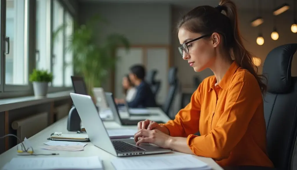 Profissional de escritório usando laptop em ambiente de trabalho, relacionado ao tema CBO: o que é, como consultar, códigos, funções e salários
