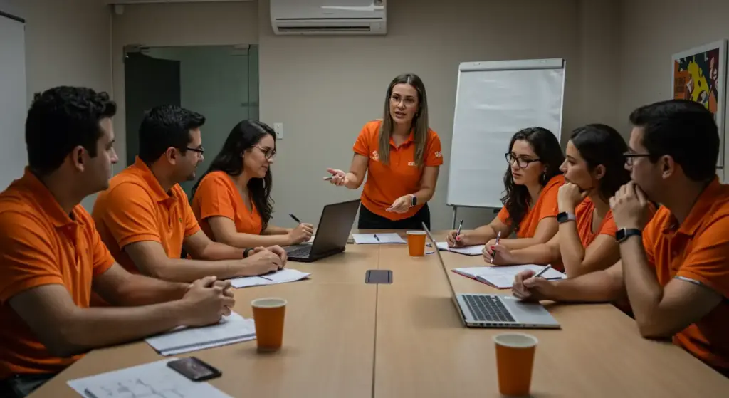 Reunião de equipe discutindo férias coletivas, regras, cálculo e prazos em ambiente de escritório.